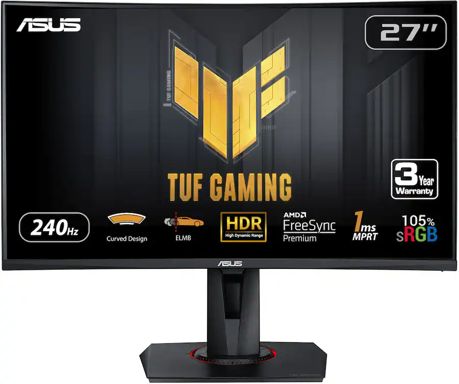 ASUS TUF Gaming 27" Full HD 240Hz AMD FreeSync Premium (Adaptive Sync) 1ms ELMB SYNC Built-in Speakers Curved Gaming Computer Monitor with Swivel & Tilt Stand VG27VQMY
